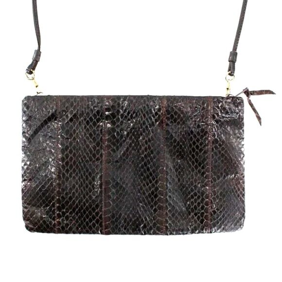 Vintage Handbags - VTG 70s Genuine Snakeskin Purse Convertible Strap Clutch Dark Brown Shoulder Bag